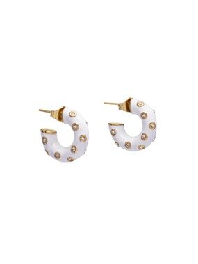 White Enamel Hoop Earrings with Gold Accents and Crystal Details
